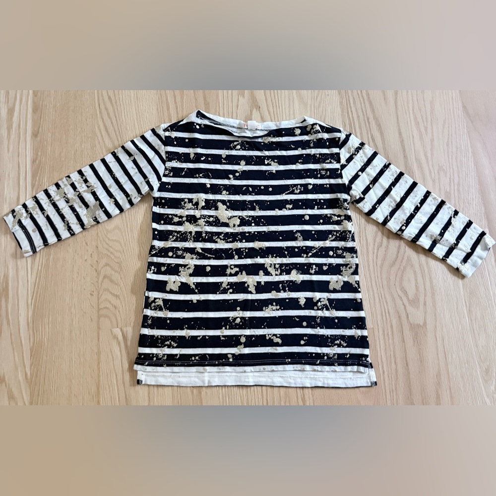 Jcrew Crewcuts blue and White Striped Kids girl Tee gold splatter appliqué 12